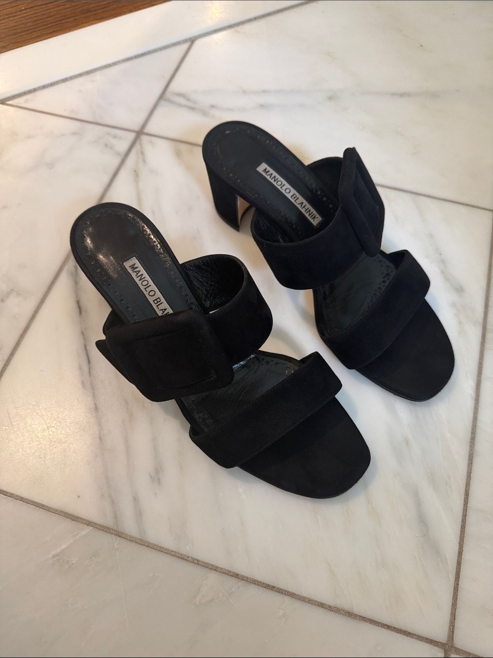 Manolo Blahnik Titubanew Suede Buckle Slide Sandals - Picture 2 of 9